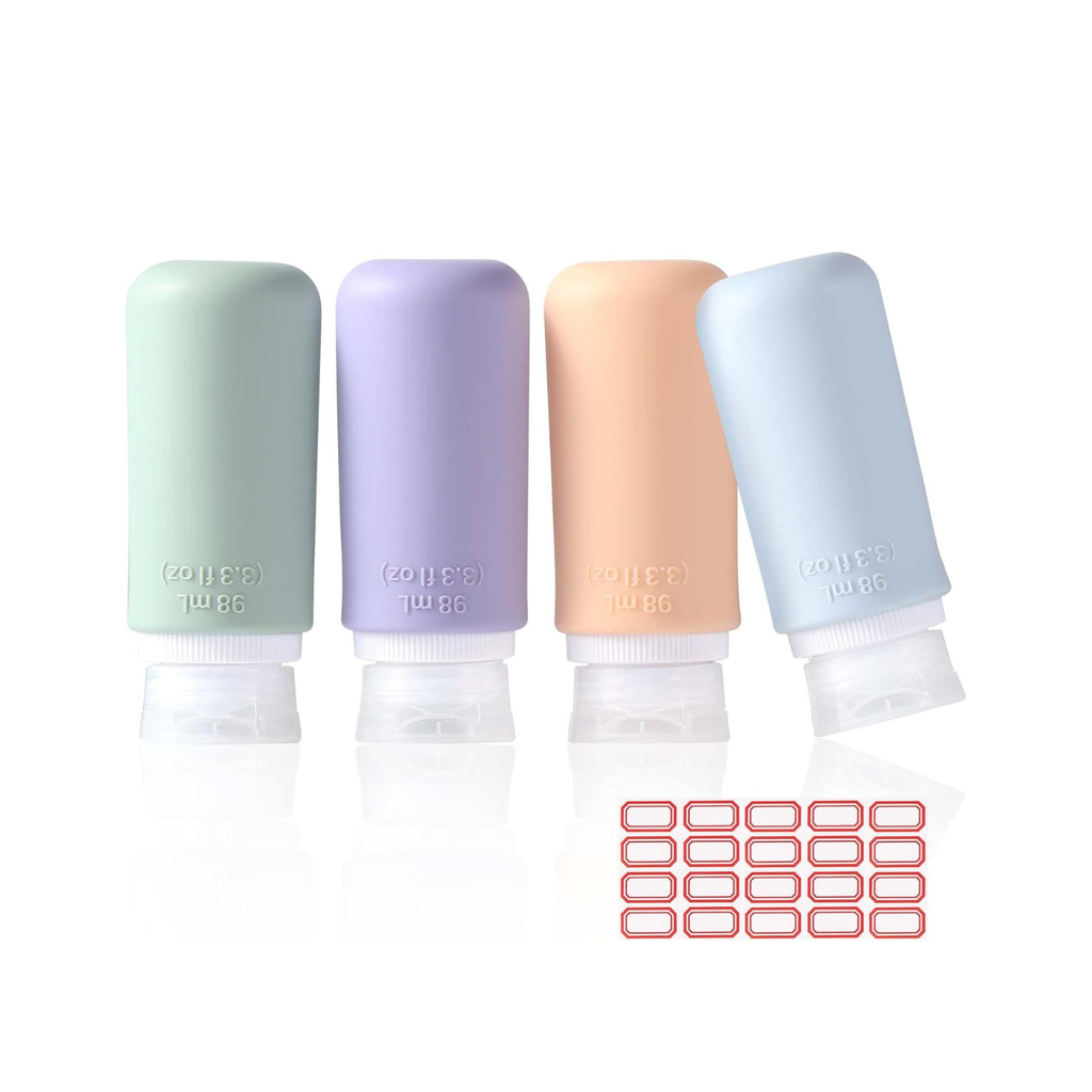 Set 4 Flaconi da Viaggio in Silicone 108ml con Etichette