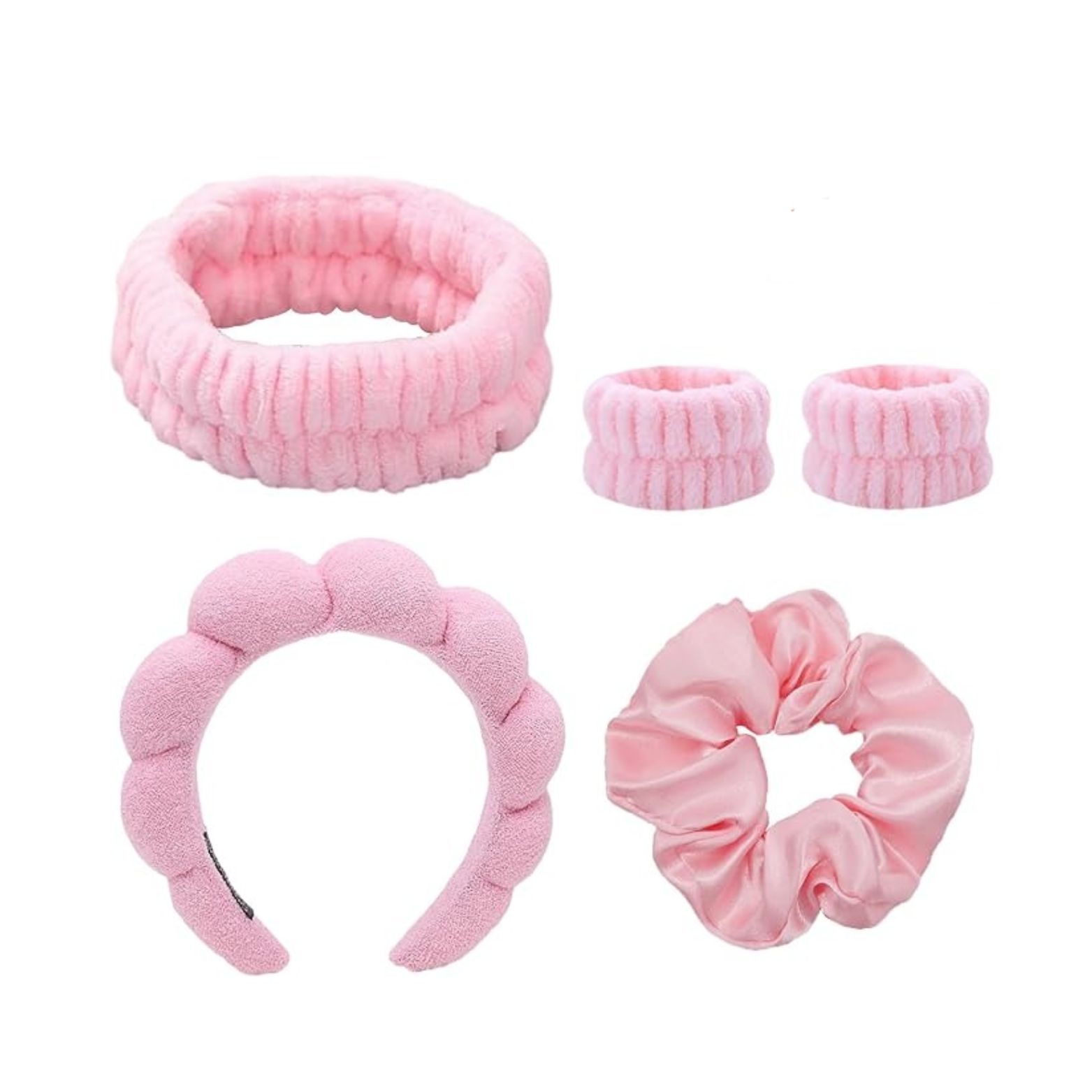 Set 5 Accessori Spa Rosa – Fascia Spugna, Polsini e Cerchietto