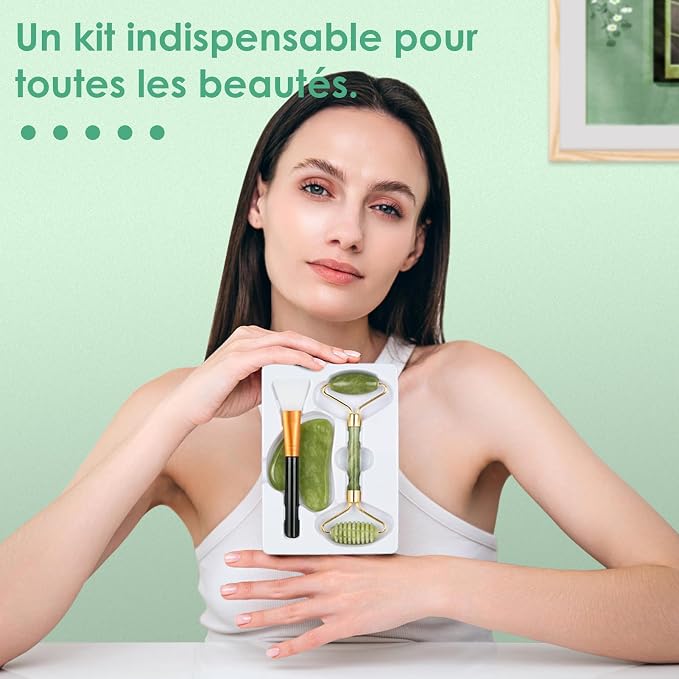 Kit Gua Sha et rouleau de jade pour massage du visage anti-gonflement