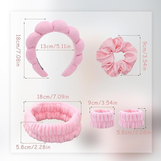 Set 5 Accessori Spa Rosa – Fascia Spugna, Polsini e Cerchietto