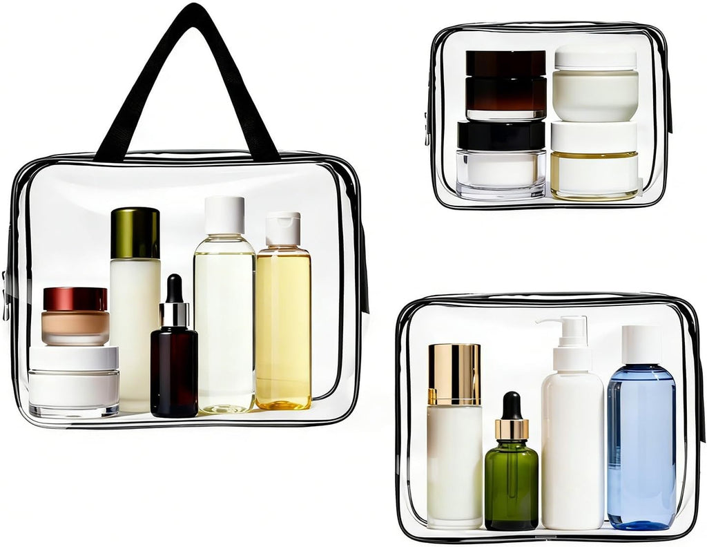 Set 3 Pochette Trasparenti Impermeabili da Viaggio con Zip