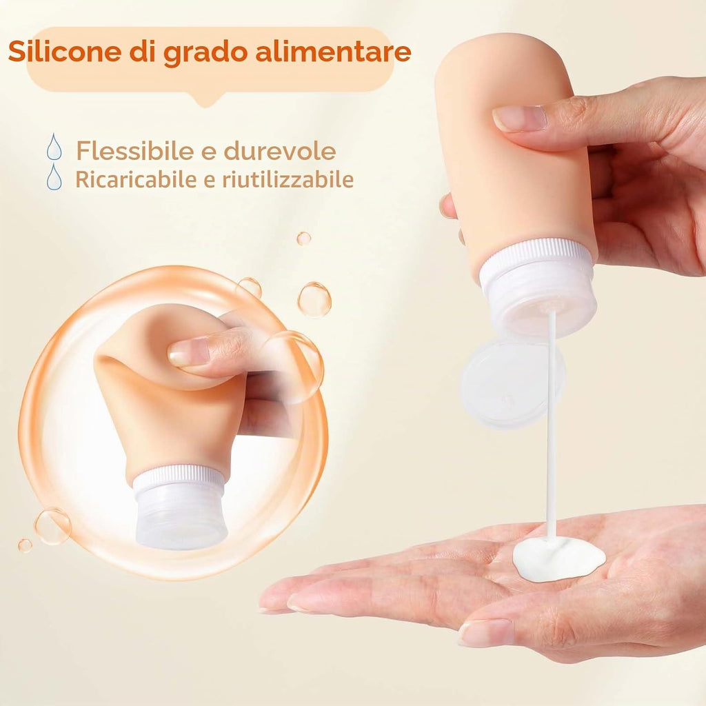 Set 4 Flaconi da Viaggio in Silicone 108ml con Etichette
