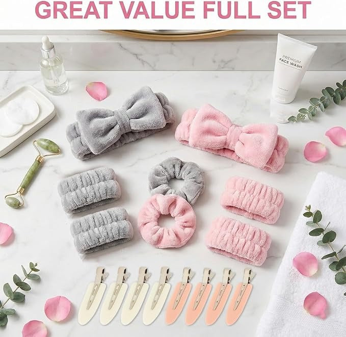 Set 16 Accessori Capelli e Skincare – Fascia, Polsini e Clip
