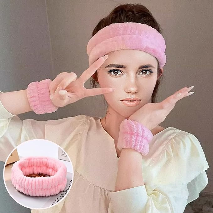 Set 5 Accessori Spa Rosa – Fascia Spugna, Polsini e Cerchietto