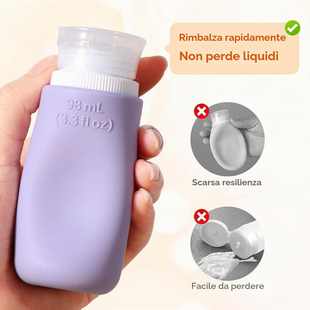 Set 4 Flaconi da Viaggio in Silicone 108ml con Etichette