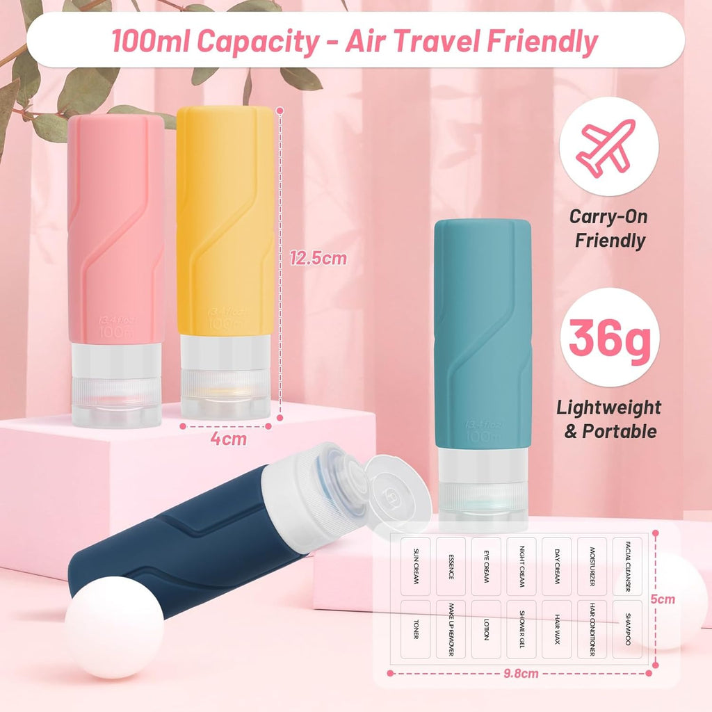 Set 4 Flaconi da Viaggio in Silicone 100ml Ricaricabili Anti-perdita