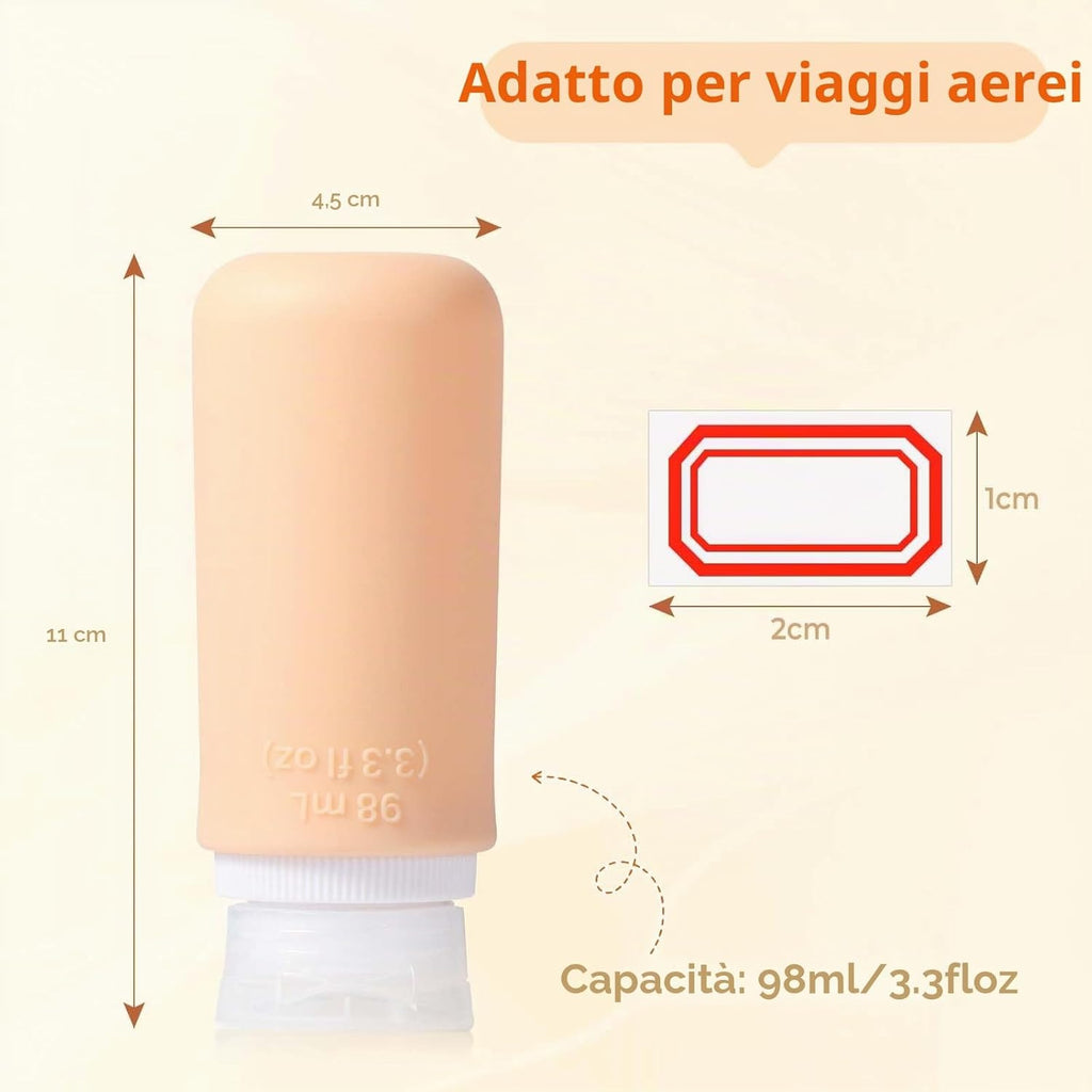 Set 4 Flaconi da Viaggio in Silicone 108ml con Etichette