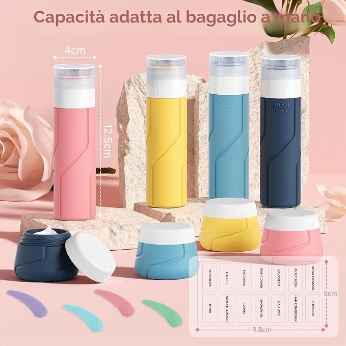 Kit da Viaggio 14 Pezzi Flaconi e Vasetti in Silicone Anti-perdita