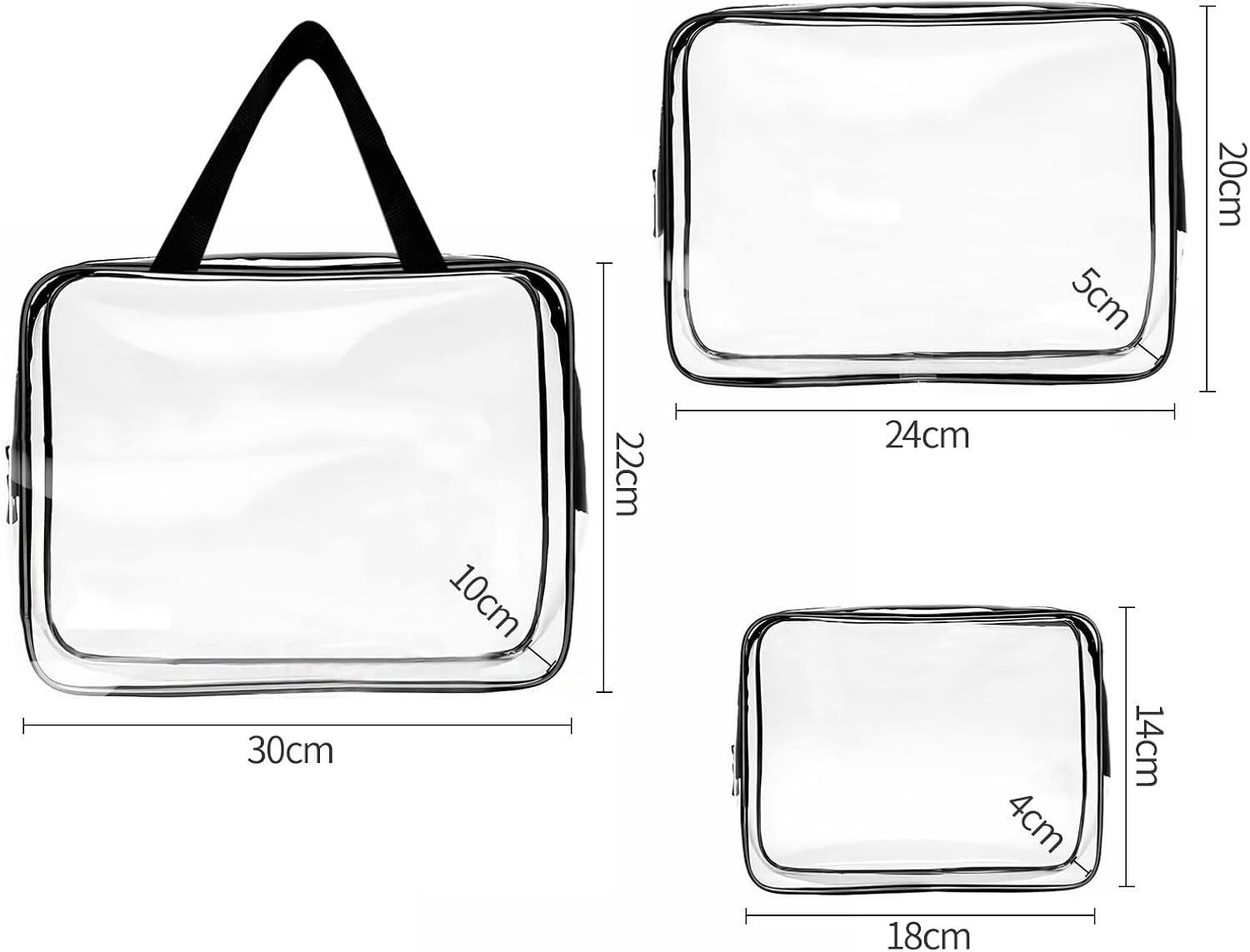 Set 3 Pochette Trasparenti Impermeabili da Viaggio con Zip