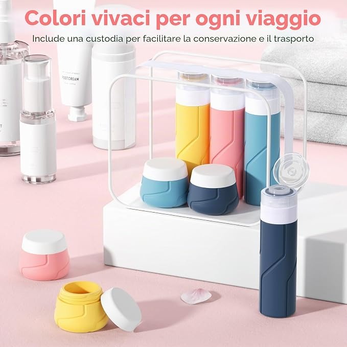Kit da Viaggio 14 Pezzi Flaconi e Vasetti in Silicone Anti-perdita